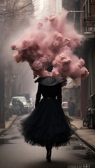 Person in a black dress with pink smoke around walking through the city.