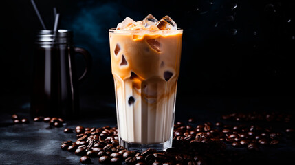 cold coffee with ice on a black background