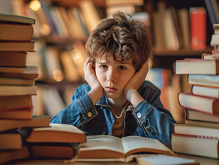 Concentrated white boy child doing his homework at home. The boy struggles to read a book. Education, school, learning disability, reading difficulties, dyslexia concept - obrazy, fototapety, plakaty