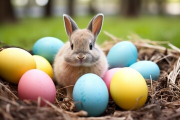 Happy Easter Bunny with many colorful easter eggs on the green grass