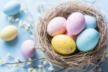 Naklejka na ściany i meble Top view Easter eggs in the nest and white gypsophila flowers on pastel blue background 