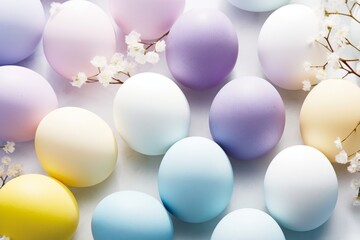 Top view Easter eggs and white gypsophila flowers on white table.