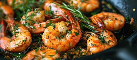 Pan-fried shrimps with herbs.