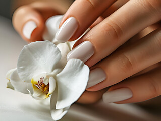 Close-up of a white manicure with a white orchid in a beautiful nail spa. cosmetic finger care for light hand skin and health cosmetic relaxation perfection