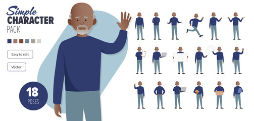 Simple flat old black senior male vector character in a set of multiple poses. Easy to edit and isolated on a white background. Modern trendy style character mega pack with lot's of poses.