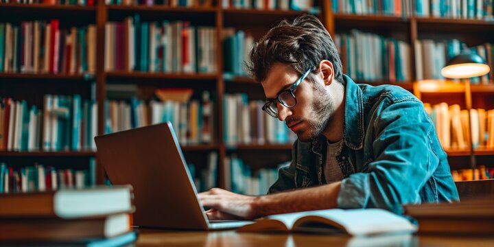 A student is conducting research at the library with his laptop and books, while a studious individual is preparing for exams through independent studying - emphasizing education and self-learning.