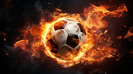 Soccer ball in burning fire flames