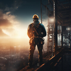 Fototapeta premium construction engineer worker at heights,architecture sci-fi construction working platform on top of building, suspended cables, fall protection and scaffolding installation 