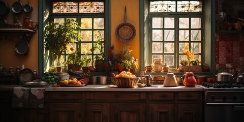 Large view of a Unoccupied Cozy Kitchen Adorned with Indian Design. Chic Classic South Asian Residence with Kitchenware