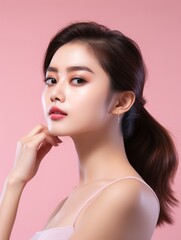 A youthful Asian woman with flawless skin and Korean-inspired makeup touches her face while her hair is pulled back, against a pink backdrop.
