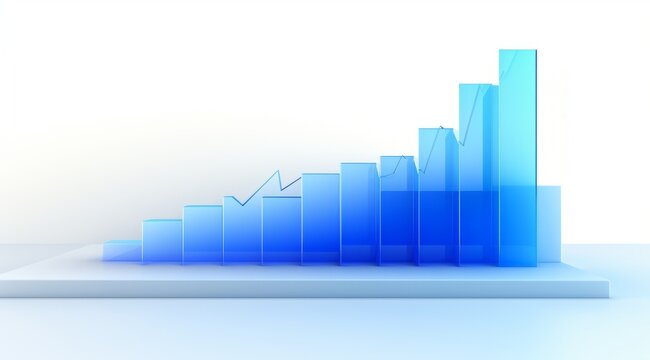 Blue acrylic arrow bar graph on a white isolated background. Blue chart ,arrow. Business economic and money investment concept