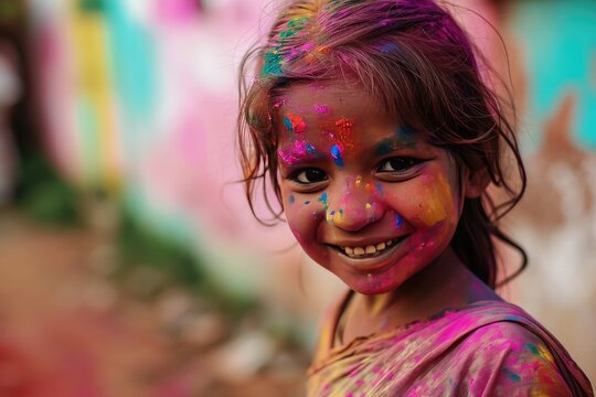 Happy Hindu little girl celebrating Holi with powder colors. Concept of Indian festival Holi.