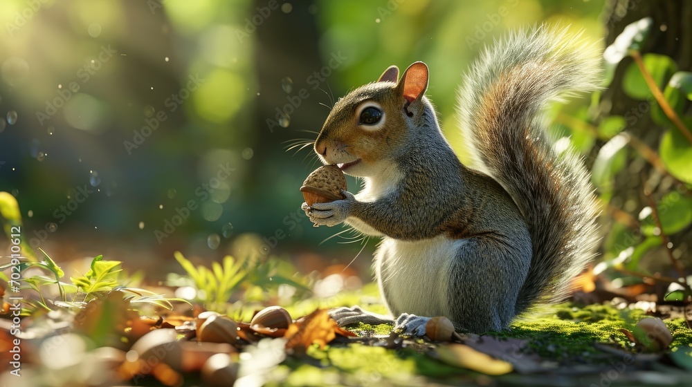 Poster a close up of a squirrel eating a nut in a field of grass and dirt with trees in the background.