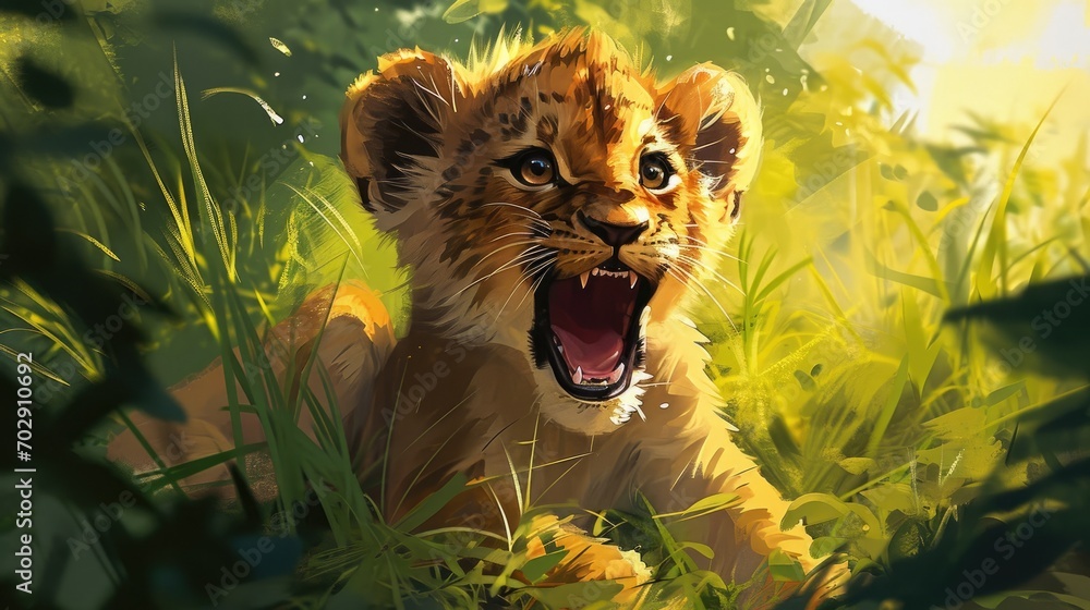 Poster a close up of a lion cub in a field of grass with it's mouth open and it's mouth wide open.