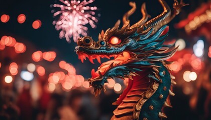Dragon Explosive Festive Splendor. Vibrant Fireworks Illuminate the Chinese New Year Tradition
