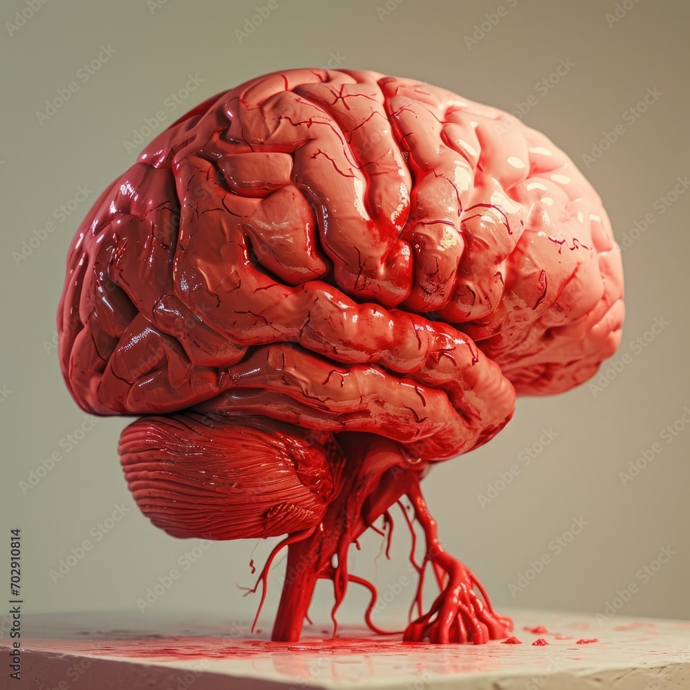 Poster a model of a human brain with blood running down the side of the brain and blood running down the si