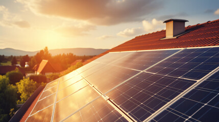 Solar photovoltaic panels on a house roof - obrazy, fototapety, plakaty