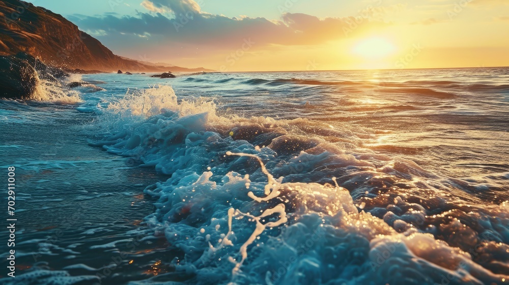 Poster the sun is setting over the ocean and the waves are crashing in front of a rocky cliff on the shore.
