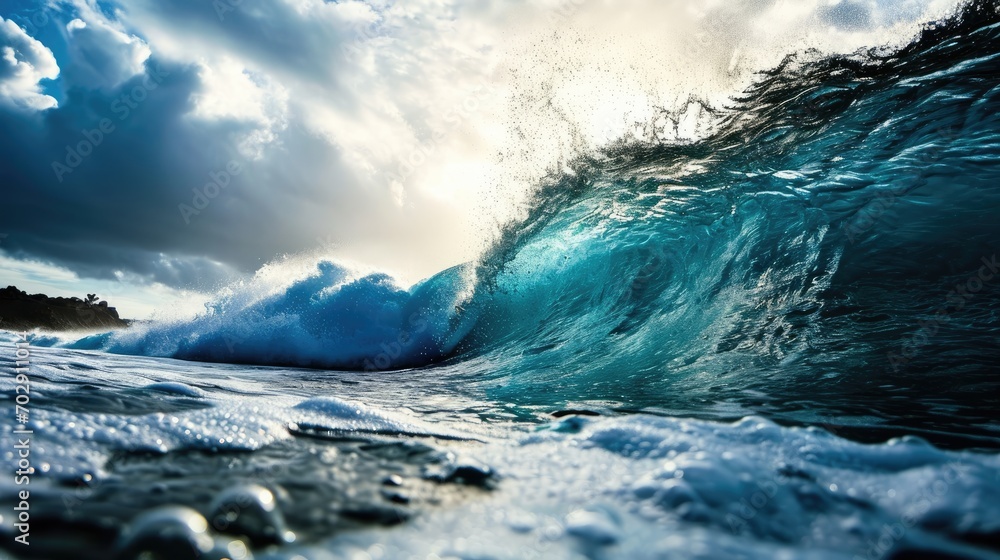 Aufkleber a large wave crashing into the shore of a body of water with a cloudy sky in the background and a sm