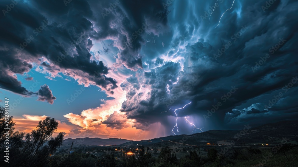 Poster a large cloud with a lightning bolt coming out of it's center surrounded by dark clouds and a mounta