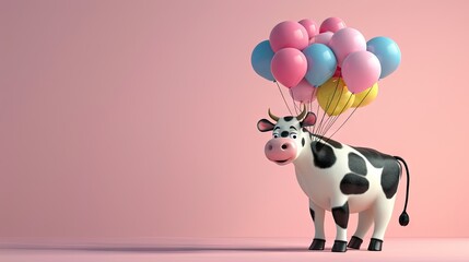 a black and white cow with a bunch of balloons attached to it's head in front of a pink background.