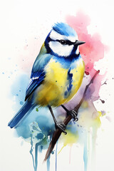 Obraz premium Watercolor image of Blue Tit bird. Painted illustration of forest and garden bird. Beautiful backyard avian on a white background