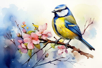 Watercolor image of bird. Painted illustration of forest and garden bird.  Beautiful backyard avian on a white background