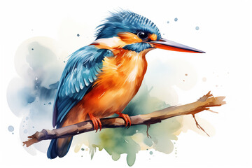 Watercolor image of Kingfisher bird. Painted illustration of forest and garden bird.  Beautiful backyard avian on a white background