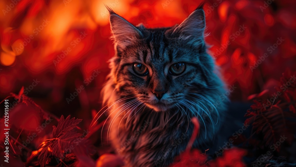 Poster a close up of a cat in a field of leaves with a red light in the background and a blurry image of a 