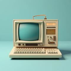 Retro computer on light blue background 