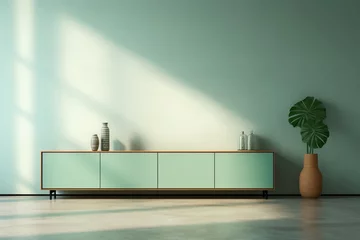 Foto op Plexiglas A table cabinet graces a modern mint empty room with minimal designs, contributing to the overall aesthetic of the space © Newton
