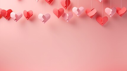 pink background with origami paper hearts hanging from above. Space for text. Valentine's Day concept