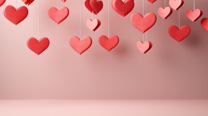 background with hanging red hearts. space for text. Valentine's Day concept