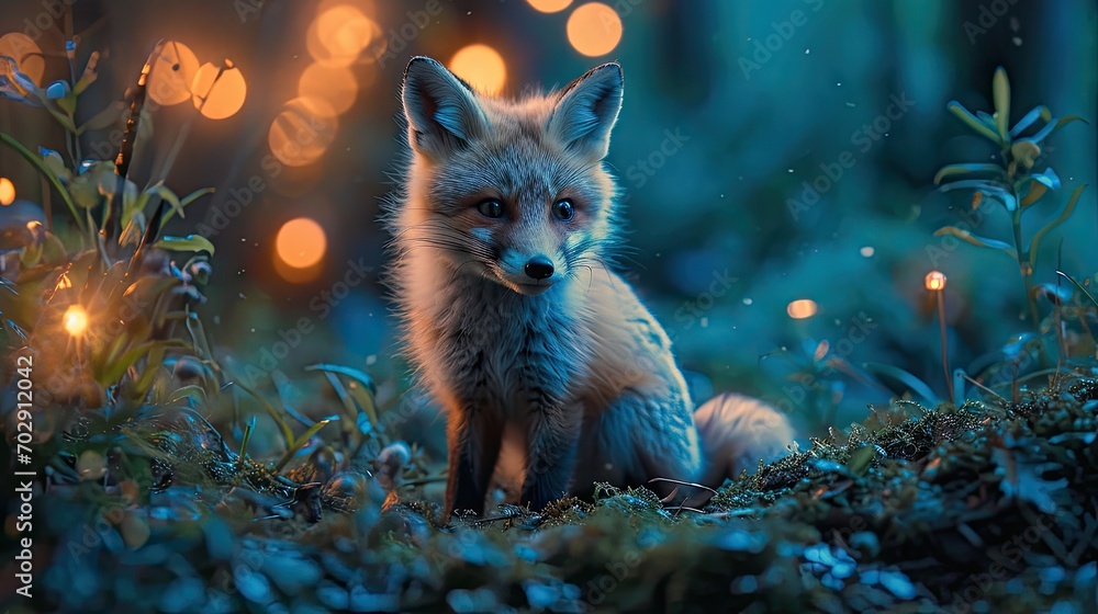 Poster a close up of a small animal in a field of grass with lights in the background and a blurry image of