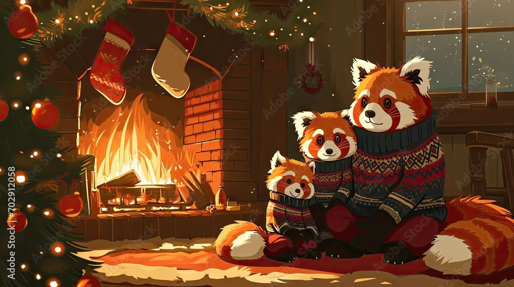 Poster a family of red pandas sitting in front of a christmas tree in front of a fireplace with stockings a