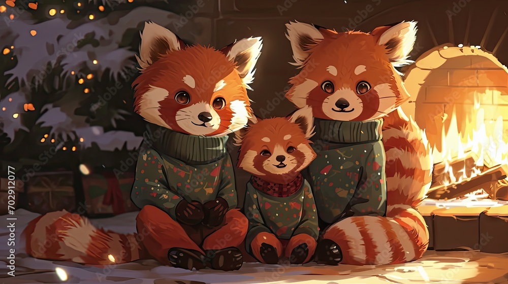Poster a couple of red pandas sitting next to each other in front of a fire place with a christmas tree in 