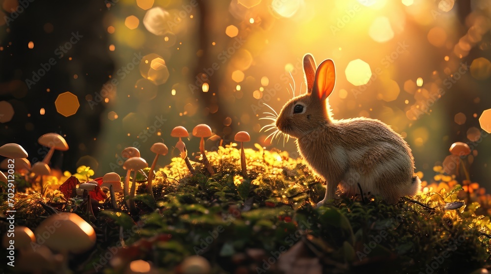 Poster a rabbit is sitting in the middle of a field of grass with mushrooms and mushrooms on the ground in 
