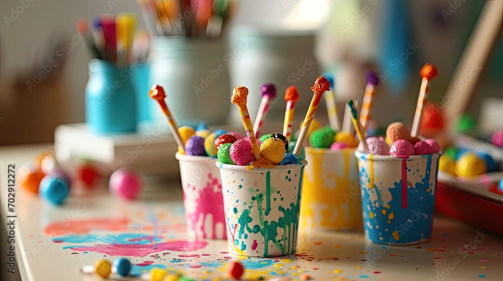 Poster a table topped with cups filled with candy covered in sprinkles and lollipops on top of it.