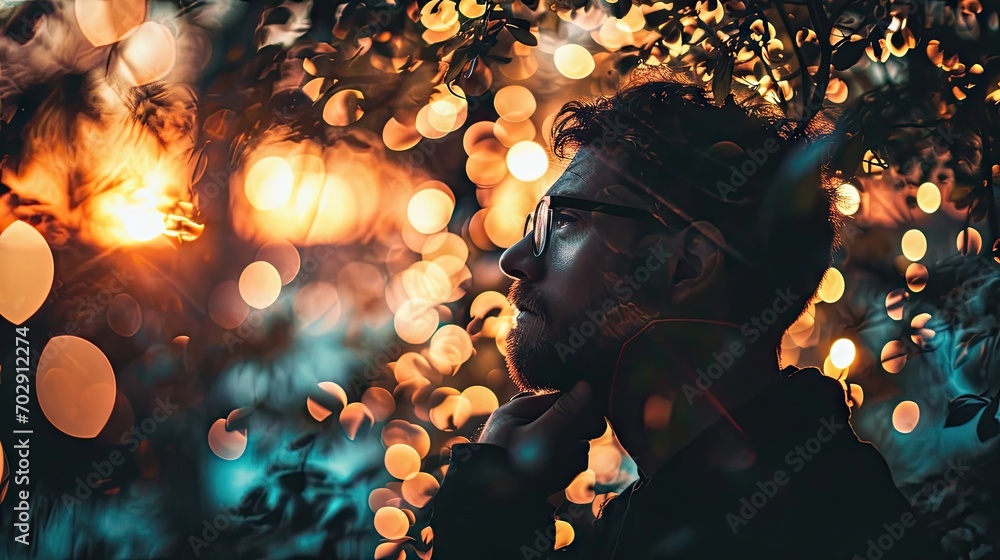 Poster a man with a beard standing in front of a tree with a lot of lights hanging from it's branches.