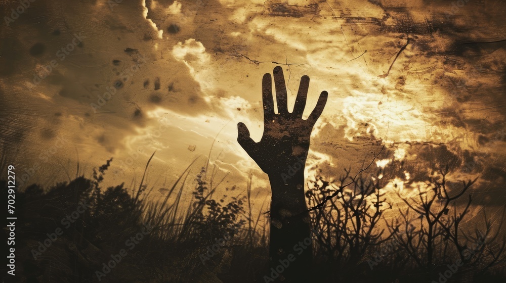 Poster a silhouette of a hand reaching up into the air with a cloudy sky in the background with clouds in t