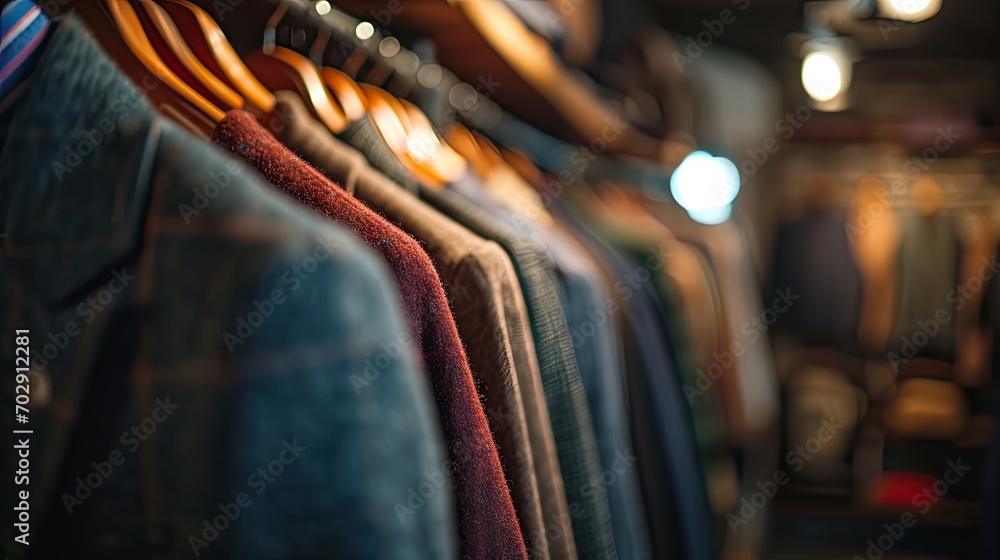 Poster a row of shirts hanging on a rail in a room with a light on the ceiling and a row of shirts hanging 