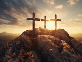 Three cross on the mountain with sun light, belief, faith and spirituality, crucifixion and...