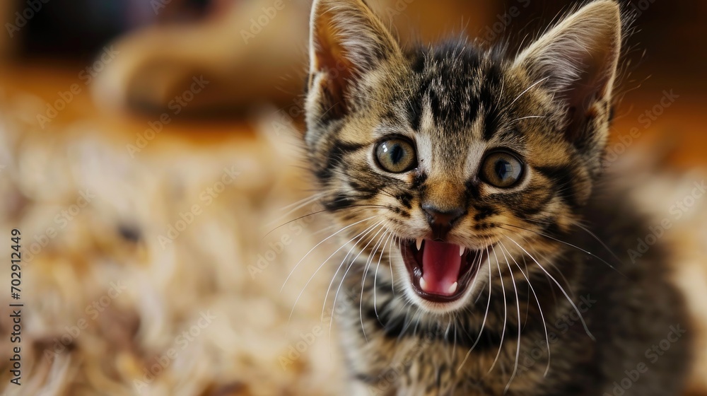 Poster a small kitten with it's mouth open and it's mouth wide open with it's mouth wide open.