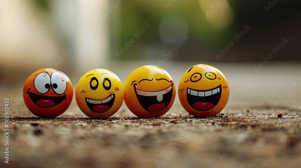 Poster three eggs with faces painted on them are lined up in a row on the ground, with a blurry background.