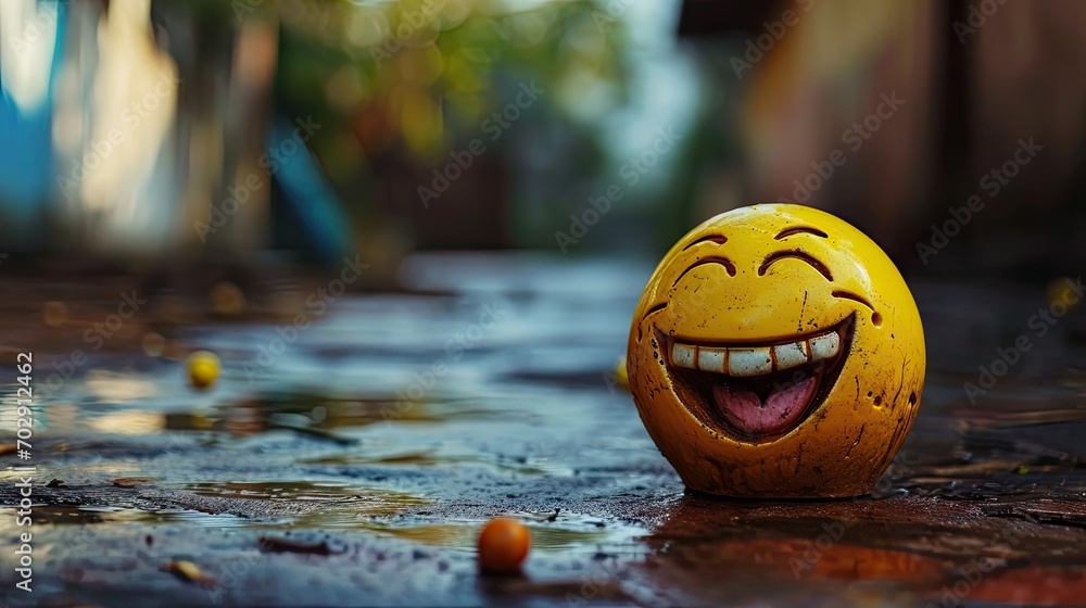 Poster a close up of a smiley face on a wet surface with a building in the back ground and trees in the bac