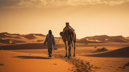 man on the journey with camel in the desert