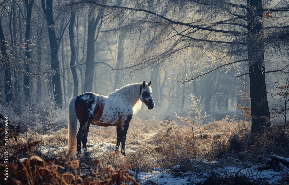 Poster a horse standing in the middle of a forest with snow on it's ground and trees in the background.