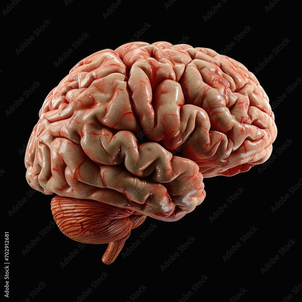 Poster a close up of a human brain on a black background with a clipping path to the top of the brain.