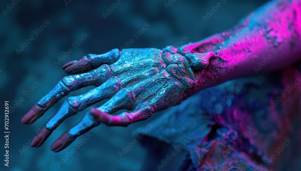 Canvas Prints  a close up of a person's hand with blue and pink paint on it and a blue and pink background.