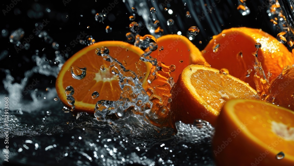 Poster a bunch of oranges that have been cut in half and are being splashed with water from a faucet.